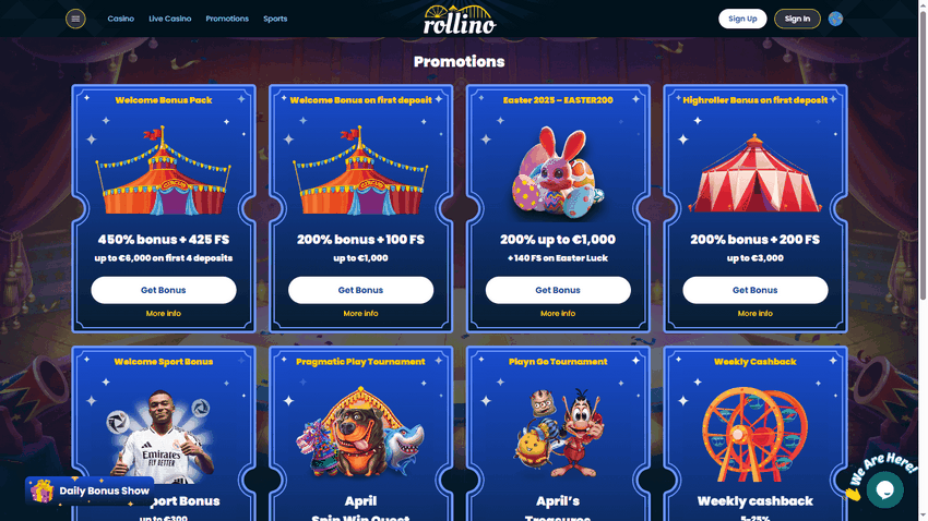 Rollino Online Casino Incentive - 450% up to EUR6,000 + 325 Free Spins